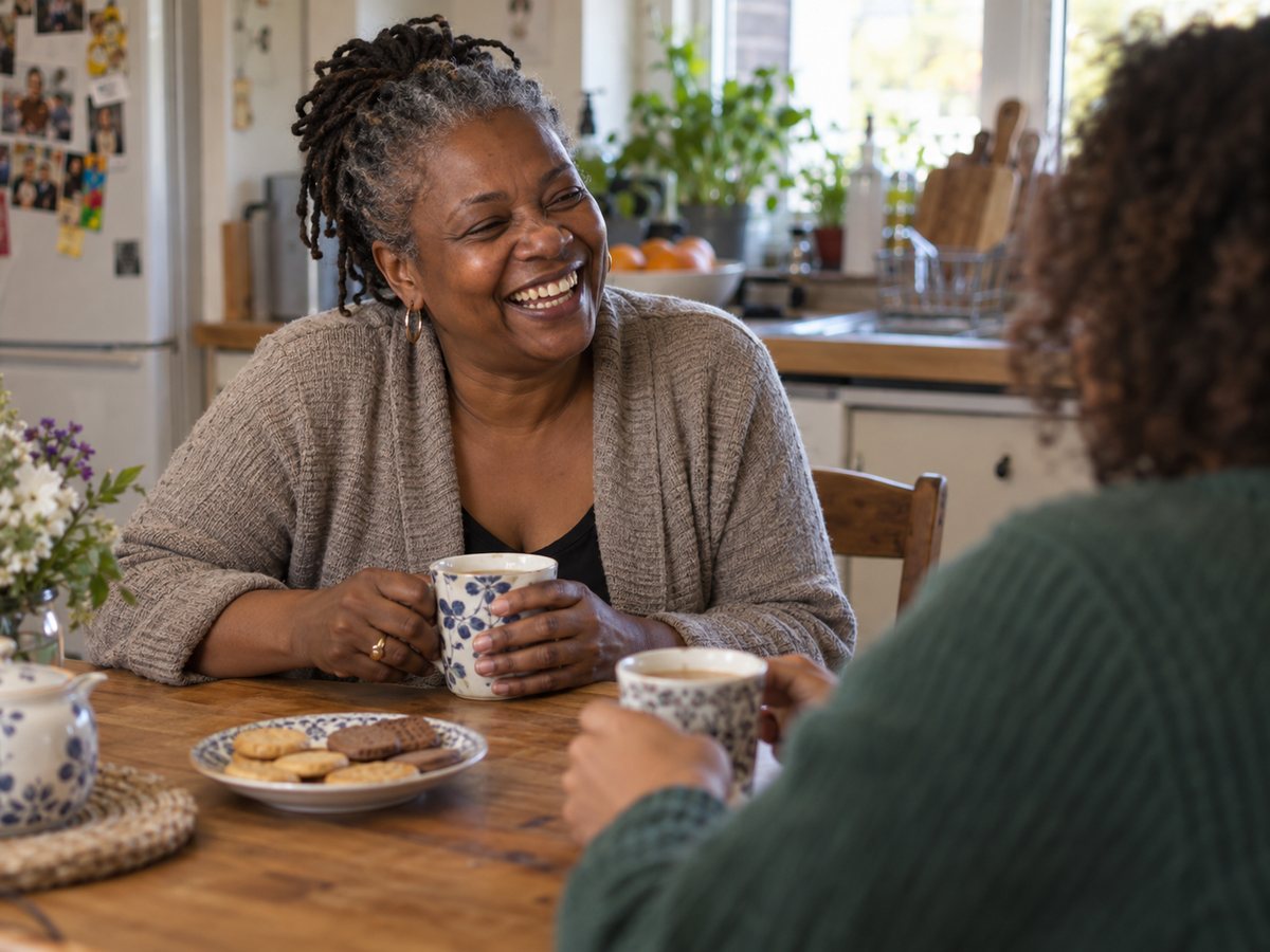 A woman laughing with a friend over tea at a kitchen table