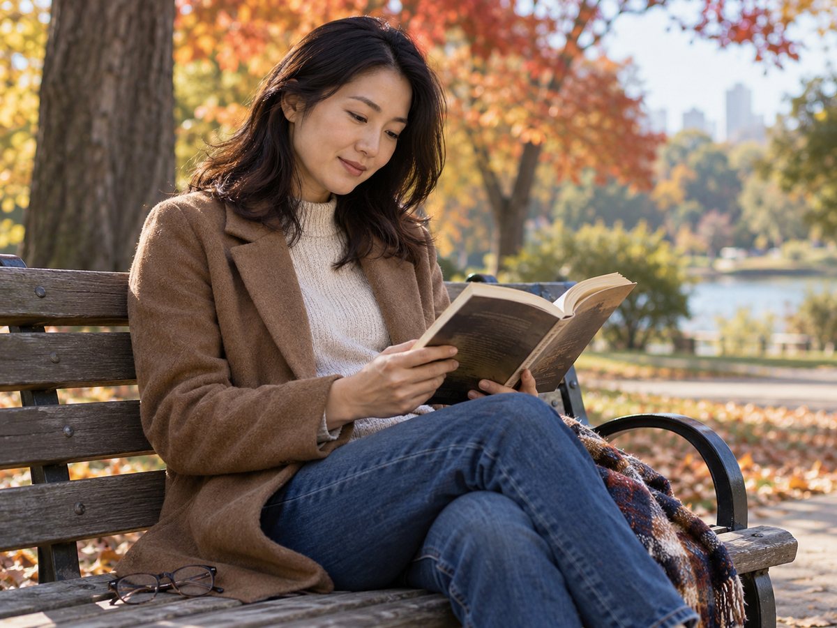 A woman reading on a park bench with her glasses set aside